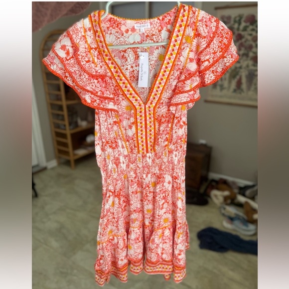 NWT Poupette St Barth Floral Boho Resort Mini Dress Pink Orange Camila - Picture 3 of 8